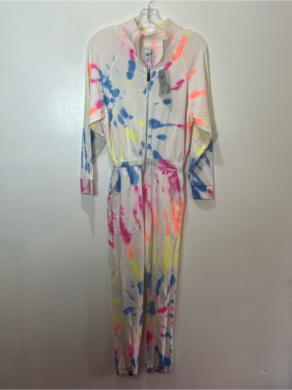 Tie-Dye Hooded Jumpsuit in White with Neon Accents - Picture 2 of 7